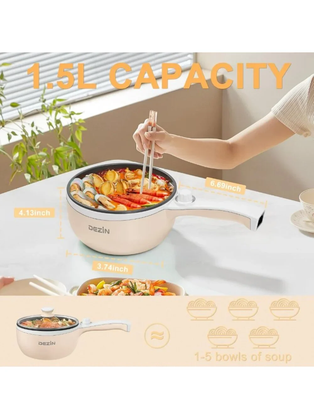 Portable 1.5L Electric Hot Pot - Non-Stick Mini Cooker for Ramen, Eggs, Steak